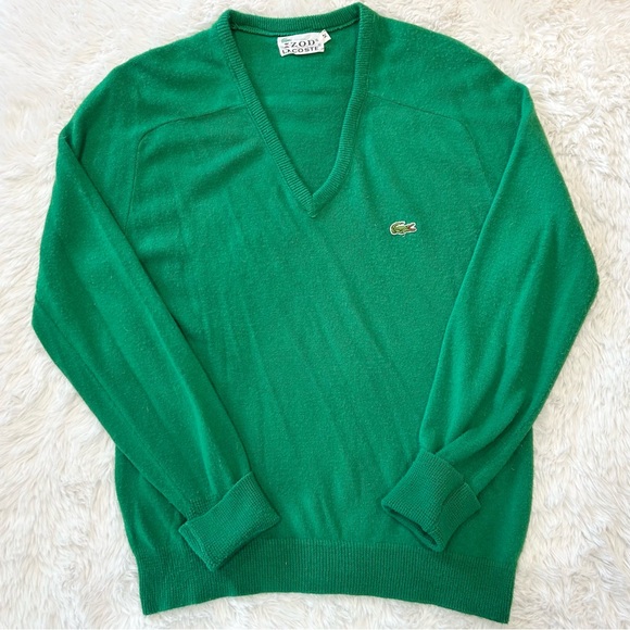Vintage Izod Lacoste Sweater Men’s Medium V-Neck Croc Logo Green Retro Preppy - Picture 6 of 6